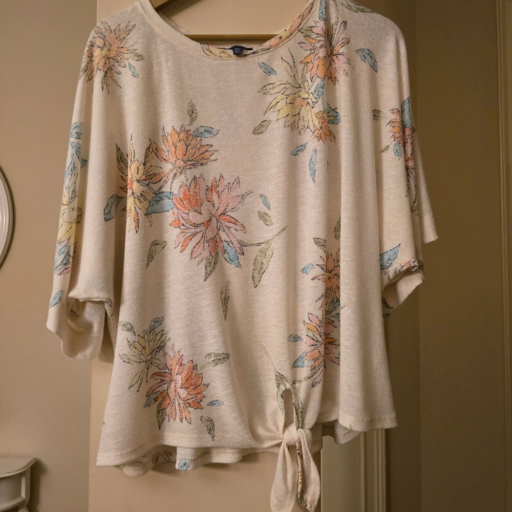Democracy Womens‎ Plus Floral Tie Front Dolman Sleeve Top Cream Multi XL